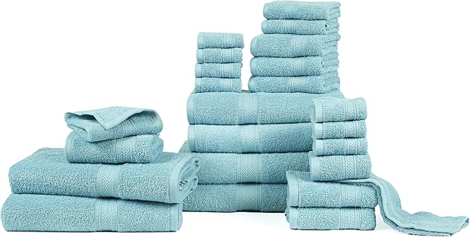 HILLFAIR 24 Piece Bath Towels Set for Bathroom- 100% Cotton 24 PC Bulk Pack Hotel Spa Towel Set- 2 XXL Oversized Big Towels, 4 Bath Towels, 6 Hand Towels, 4 Fingertip Towels, 8 Washcloths: Ocean Blue
