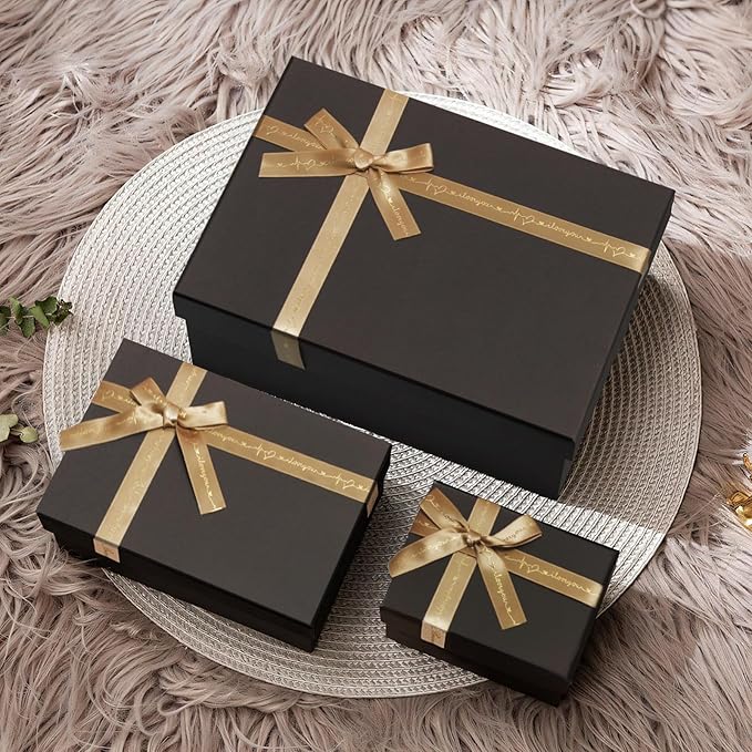 Airuisike Black Gift Boxes with Gold Ribbons & Bows - (3 Sizes) Sturdy Gift Boxes with Lids for Presents - Elegant Gift Wrapping Boxes for Gift Wrapping
