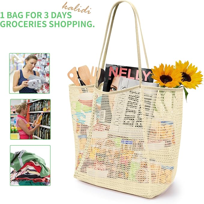 KALIDI BeachNylon Mesh Tote Bag, Casual Tote Bag Hobo Women Foldable MAX 23L Shoulder Bag For Beach Picnic Vacation