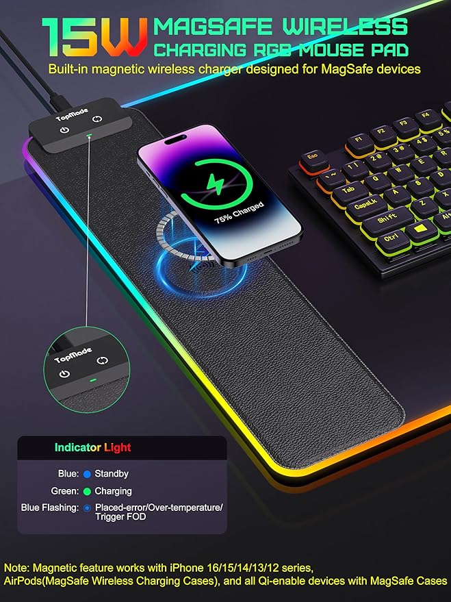 TopMade Mouse Pad with Wireless Charging, 31.5" x 11.81" Large Desk Mat RGB Gaming Mousepad, LED Desk Pad Keyboard Pad with Ultra-Smooth Surface & Non-Slip Rubber Base, Waterproof Desk Pad