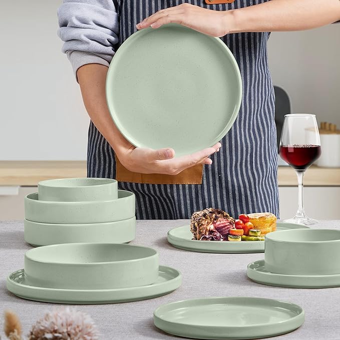 Herogo 16 Piece Plates and Bowls Set, Porcelain Dinnerware Sets with Pasta Bowls, Kitchen Dinner Ware Dishes Service for 4, Chip & Scratch Resistant Dishware, Speckled Light Green