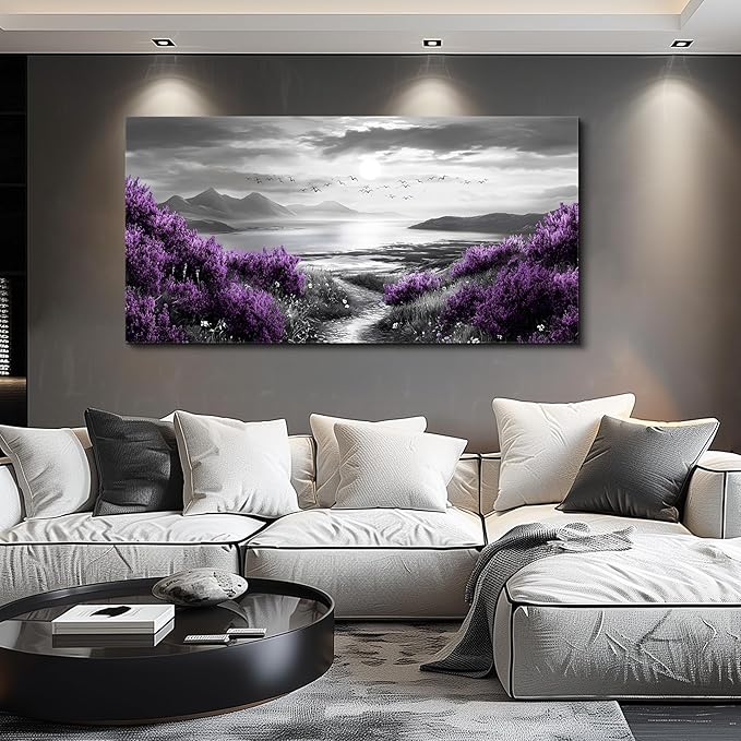 Canvas Wall Art for Living Room Large Wall Decor for Bedroom Modern Office Wall Decoration Purple Flowers Landscape Paintings Black and White Scenery Pictures Artwork Aesthetic Home Decor