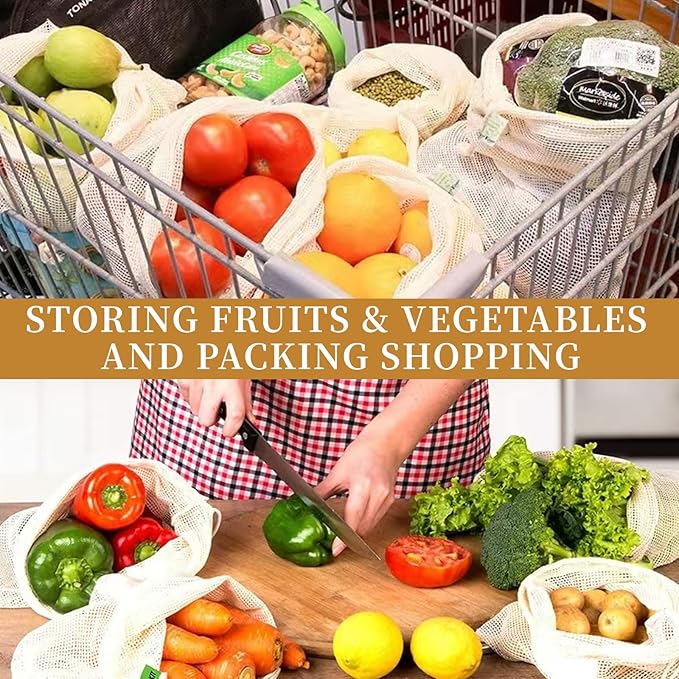 16 Pack Reusable Produce Bags, Mesh Vegetable Grocery Bag Washable, 100% Cotton Drawstring Net Storage Bags for Refrigerator, Shopping, Veggies and Fruits, Beach, Transporting, Durable, (4XL,4L,4M,4S)