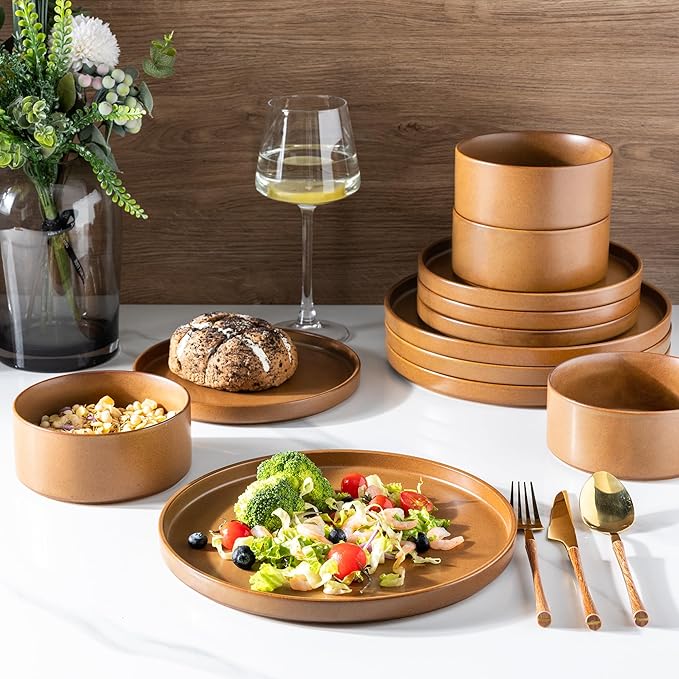 LERATIO Ceramic Dinnerware Sets for 6, High Edge Stoneware Plates and Bowls Set, Chip and Crack Resistant | Oven & Dishwasher & Microwave Safe Dishes Set, Service for 6