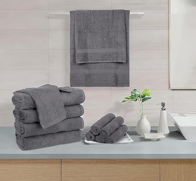 Hillfair 12 piece 600 GSM Cotton Bath Towels - Hotel Spa Quality - 2 Bath, 4 Hand, 6 Washcloths - Absorbent Super Soft Grey Cotton Set