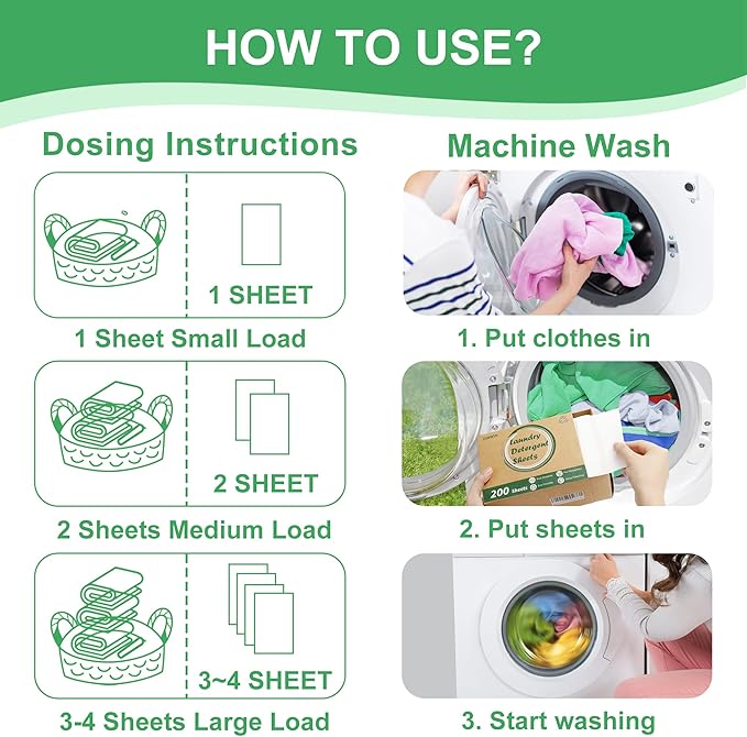 Laundry Detergent Sheets, 200 Count, Fragrance Free, Eco-Friendly, Plastic-Free, Hypoallergenic, Liquidless Washing Supplies for Dorm Travel Camping