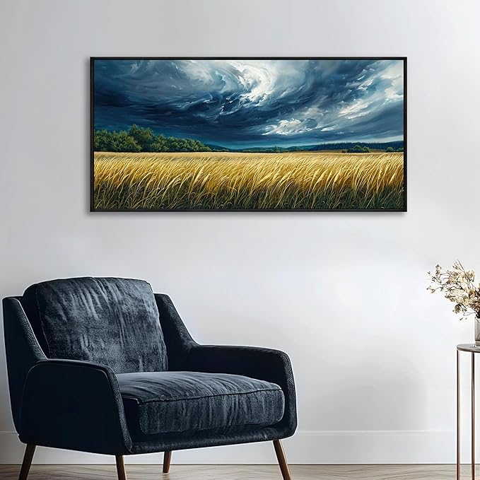 yiijeah Blue Abstract Canvas Wall Art - Rustic Wall Decor Living Room Bedroom Office Paintings Picture Framed Artwork for Walls Forest Landscape Sky Black Cloud Home Decoration
