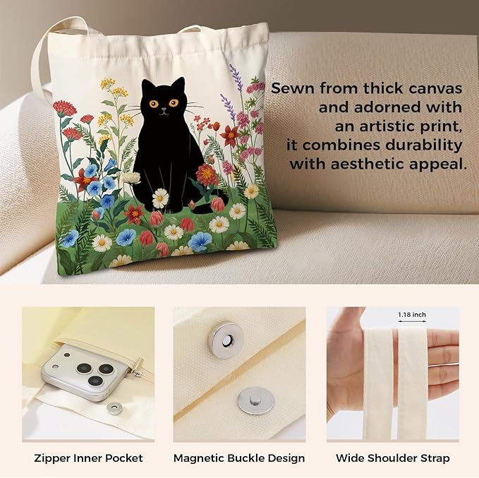 Cute Aesthetic Canvas Tote Bag for Women, Reusable Foldable Shopping Cotton Shoulder Totebag with Zipper Pocket