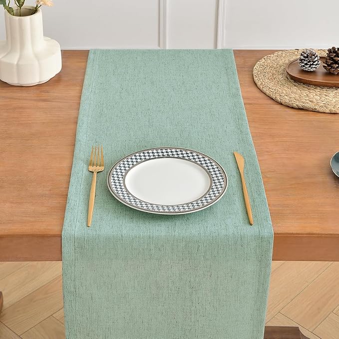 Wracra Linen Style Table Runner, Rustic Farmhouse Christmas Red Table Runners 60 Inches Long, Handcrafted Table Runner for Fall, Winter - Everyday Use and Machine Washable, Light Green 60"