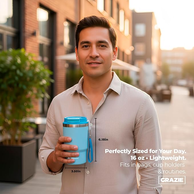 Insulated Stainless Steel Coffee Mug 16 oz with Flip Straw Lid Double Wall Vacuum Travel Tumbler for Hot and Cold Drinks Leakproof Portable Reusable Cup for Work Camping Hiking School Gym Ocean Mist