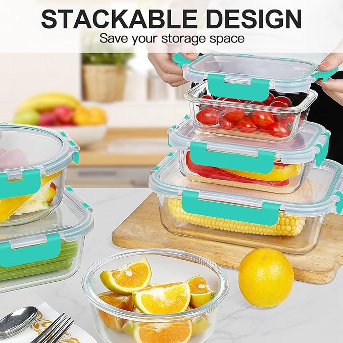 KAMOTA Glass Food Storage Containers, Green Glass Meal Prep Containers, Airtight Containers with Snap-Lock Lids, Set of 12, for Microwave/Oven/Freezer/Dishwasher
