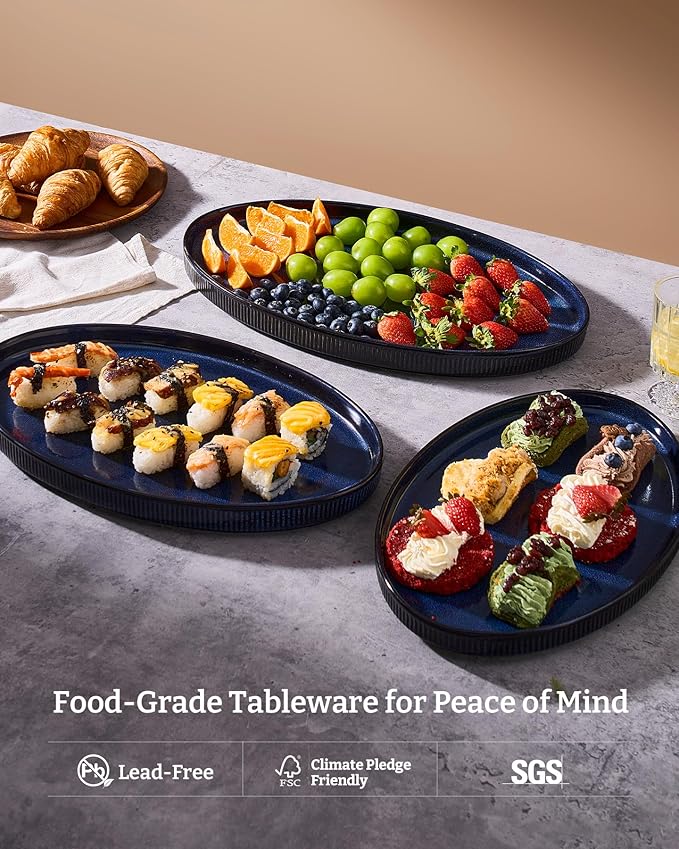 famiware Serving Platter, 16/14.6/12.9 Inch Serving Dishes for Entertaining, Party Serving Trays for Food, Buffet Oval Platters for Food, Large Plates for Bread Turkey Cheese Appetizer, Nebulas Blue