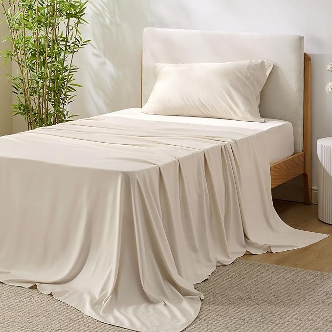 Bedsure Cooling Sheets Twin, Rayon Derived from Bamboo, Breathable & Soft Twin Sheets Set, Deep Pocket Up to 16 Inches, Hotel Luxury Silky Bedding for Hot Sleepers, Light Beige