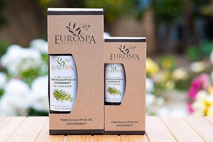 EuroSpa Aromatics Pure Eucalyptus Oil ShowerMist and Steam Room Spray, All-Natural Premium Aromatherapy Essential Oils - Tea Tree Infused, Duo Pack, 8oz and 2oz