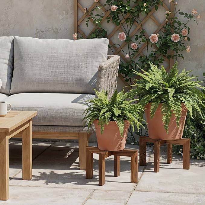 2 Pack Wood Plant Stand, Indoor Outdoor Sturdy Brown Flower Pot Holder Modern Plant Shelf Rattan Flower Plants Stool Elegant Home Decor for 5-18 Inch Pots Patio Variety Pots Easy Assembly