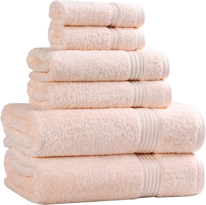Superior Egyptian Cotton 6-Piece Towel Set, Bathroom Essentials, Towels For Bathroom, Apartment, Airbnb, Guest Bath, Face, Hand, Bath Towels, Washcloths, Absorbent, Fast Drying, Peach