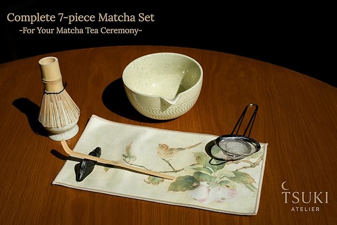 Matcha Whisk Set – 7 Pcs Matcha Kit - Ceramic Bowl, Bamboo Whisk & Holder, Scoop, Sifter, Scoop Rest & Tea Towel – Elegant Matcha Kit for Tea Lovers, Home Decor & Zen Spaces (Green)