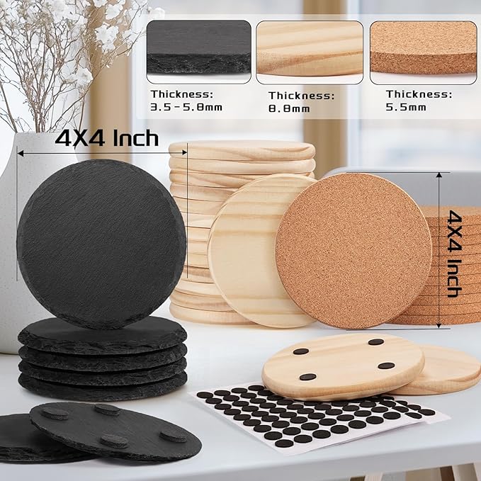 90 PCS Round Blank Coasters Bulk for Laser Engraving, MAPRIAL 4 Inch 100% Natural Black Slate Stone, Wood, Cork, Engravable Materials for Engraver, Gifts, Crafts