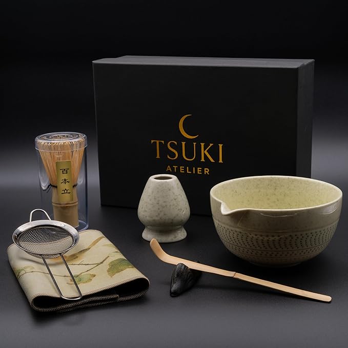 Matcha Whisk Set – 7 Pcs Matcha Kit - Ceramic Bowl, Bamboo Whisk & Holder, Scoop, Sifter, Scoop Rest & Tea Towel – Elegant Matcha Kit for Tea Lovers, Home Decor & Zen Spaces (Green)