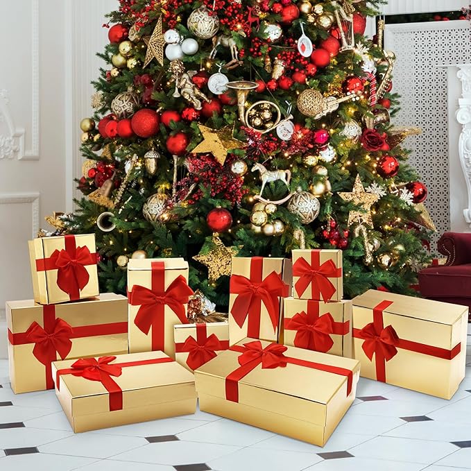 Tenceur 10 Pcs Gift Boxes with Lids Heavy Duty Nested Assorted Sizes Cardboard Gift Boxes for Presents with Ribbon for Xmas Holiday Present(Gold, Red,5 Size)
