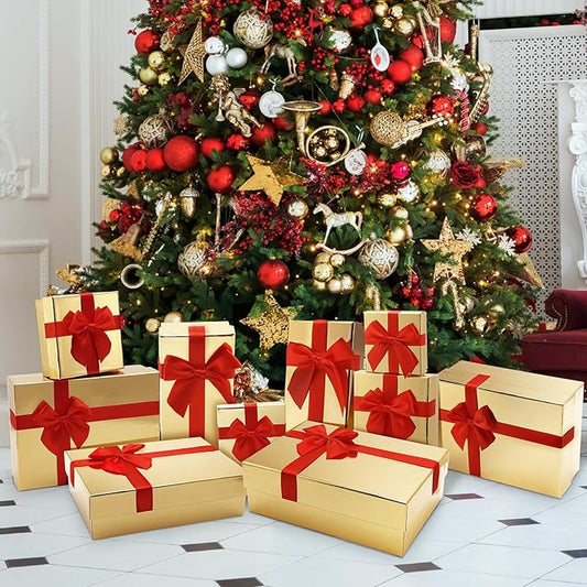 Tenceur 10 Pcs Gift Boxes with Lids Heavy Duty Nested Assorted Sizes Cardboard Gift Boxes for Presents with Ribbon for Xmas Holiday Present(Gold, Red,5 Size)