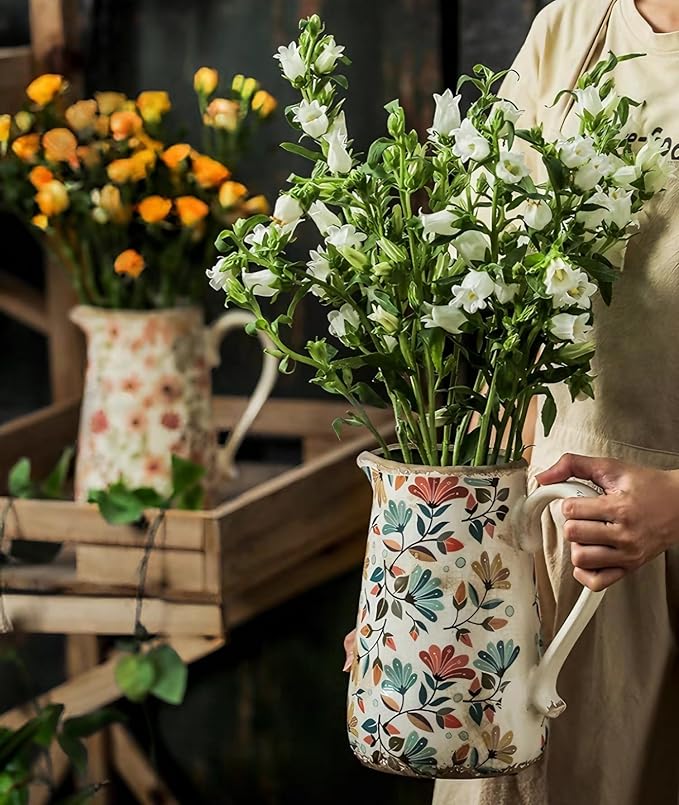Vintage Colorful Flower Ceramic Vase with Handle, Retro Ice Glazed Crack Farmhouse Pitcher Vase for Home Decor, Living Room, Shelf, Office, Rustic Table Centerpiece 9 Inch