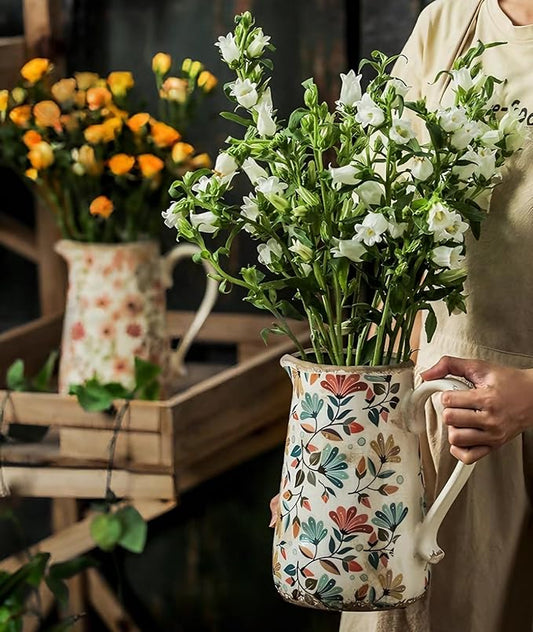 Vintage Colorful Flower Ceramic Vase with Handle, Retro Ice Glazed Crack Farmhouse Pitcher Vase for Home Decor, Living Room, Shelf, Office, Rustic Table Centerpiece 9 Inch