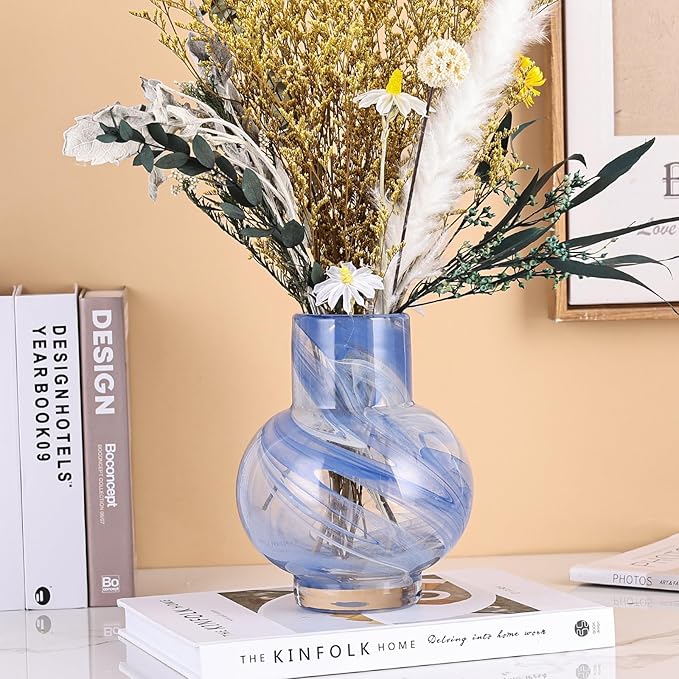 Blue Hand Blown Glass Wide Mouth vase for Home Decoration Short Round Glass vase for Living Room, Dining Table, Bookcase, TV Cabinet, Bookshelf and Office Desktop Decoration.