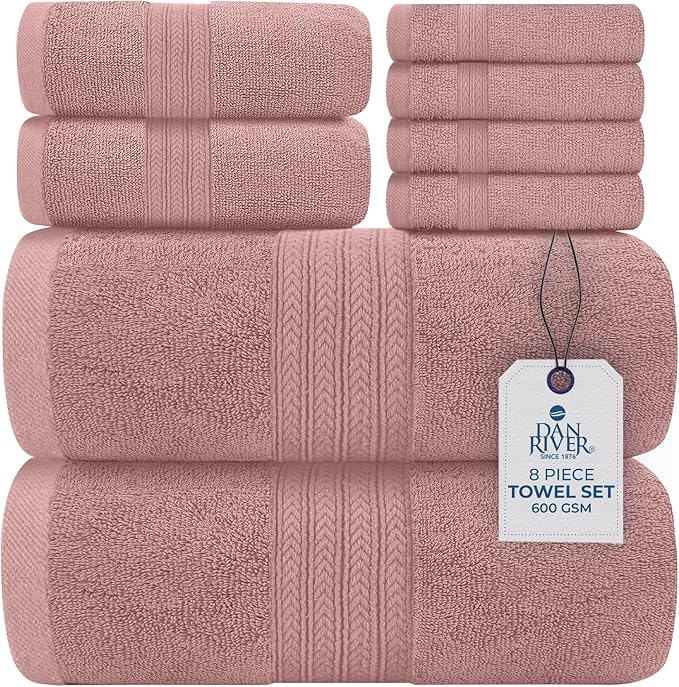 DAN RIVER 8 PC Luxury Bath Towels for Bathroom, 2 Bath, 2 Hand, and 4 Wash Cloths, 600 GSM 100% Ring Spun Cotton Towel Set, Highly Absorbent, Gym, Hotel, and Spa, Dusty Rose