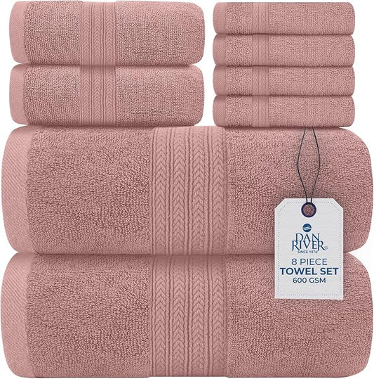 DAN RIVER 8 PC Luxury Bath Towels for Bathroom, 2 Bath, 2 Hand, and 4 Wash Cloths, 600 GSM 100% Ring Spun Cotton Towel Set, Highly Absorbent, Gym, Hotel, and Spa, Dusty Rose