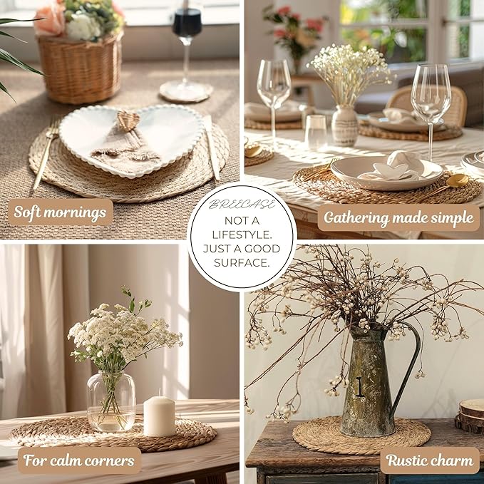 13" Round Woven Jute Placemats Set of 12 with Coasters, Mixed Fringe and Classic Braided Seagrass Boho Farmhouse Table Mats for Dining Table Decor