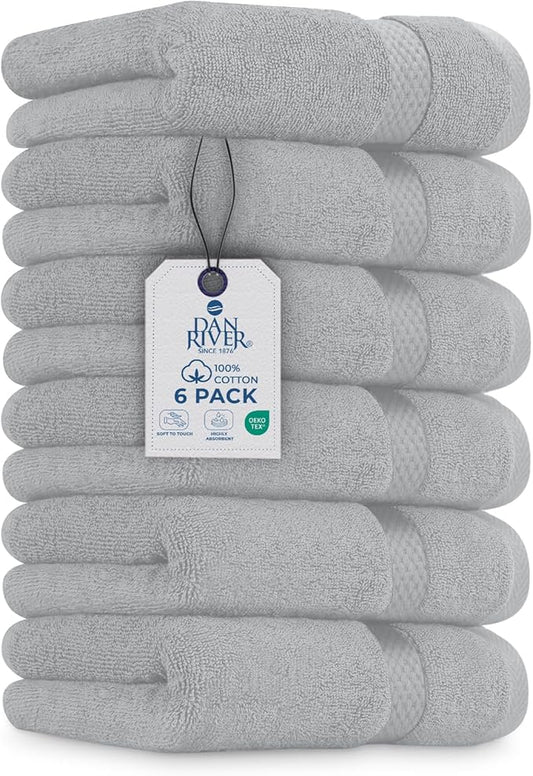 DAN RIVER 6-Pack Premium Hand Towels (16x28 Inches) - 100% Cotton, Ultra Soft, Lightweight, Highly Absorbent Towels for Bathroom, Spa, Gym, Salon, Hotel, and Travel - 550 GSM - Silver