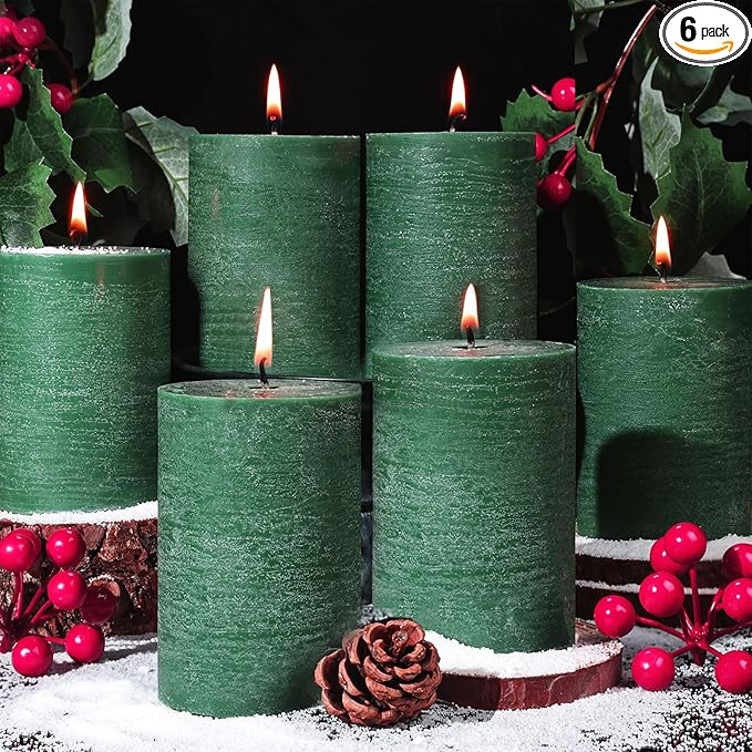 6 Pack Soy Green Pillar Candles,Natural Soybean Pillar Candles,55 H Long Burning,Unscented,Dripless and Smokeless Green Hand-poured Candles Dinner Table for Christmas,Wedding,Rustic Home Decor 2.8x4in