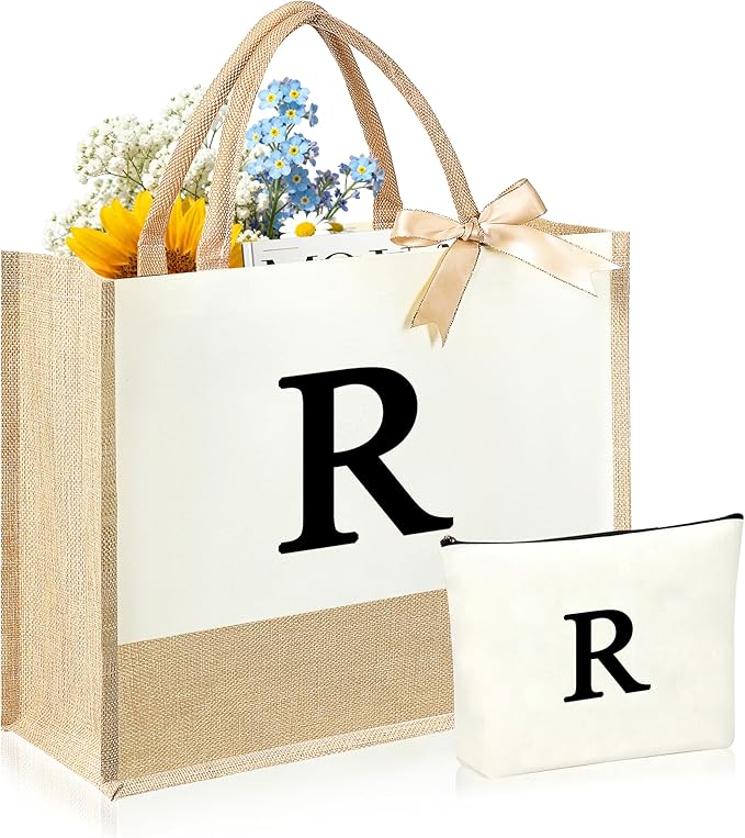 Initial Canvas Tote Bag & Makeup Bag for Women Teacher Bridesmaids，Personalized Present for Wedding, Birthday, Beach