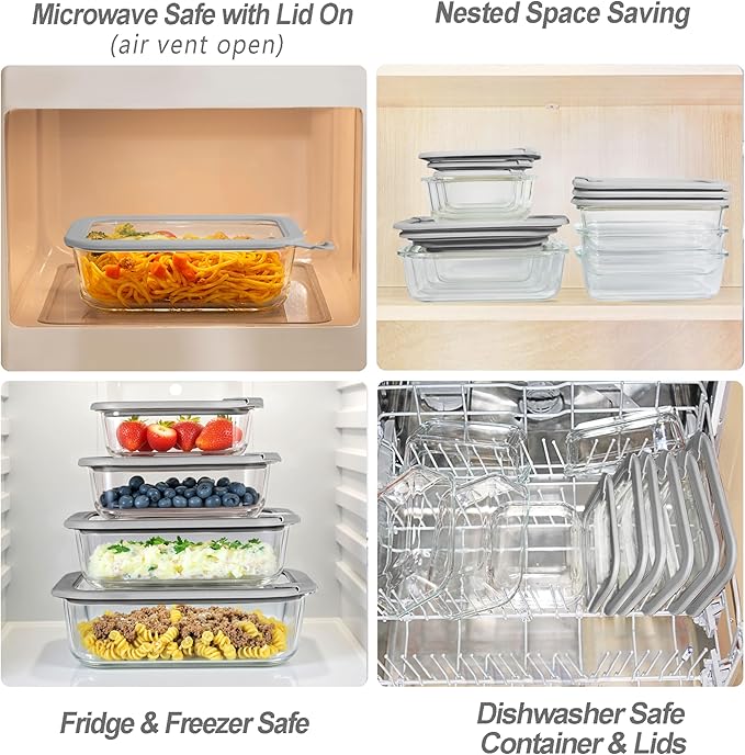 Glass Food Containers with Glass Lid, Microwave Safe Food Storage Container Set, 4 Pack of 35oz, Large Size Airtight Storage Set with Leak Proof Lids, Meal Prep Containers