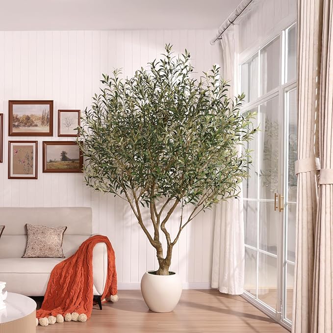 Olive Trees Artificial Indoor 8FT, Tall Faux Olive Tree with Round White Planter, Outdoor UV Resistant Large Fake Olive Plants, Modern Home Decor for Living Room Office Porch