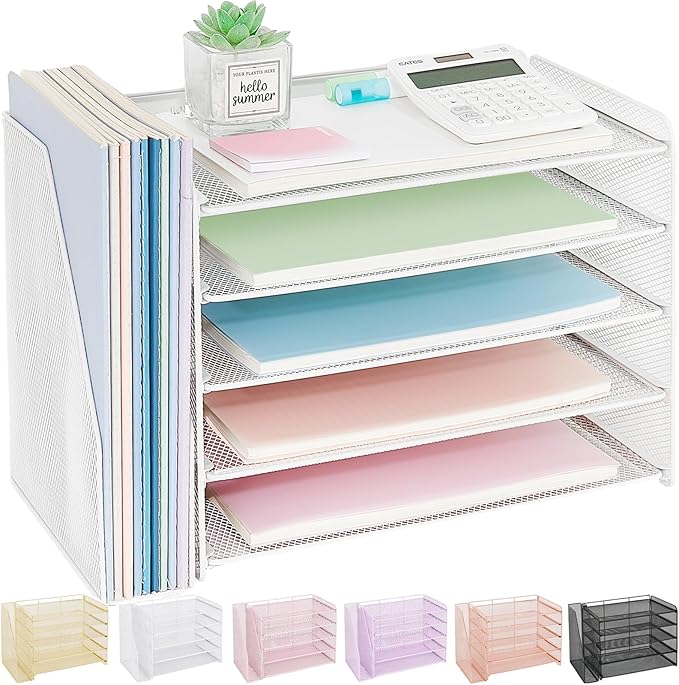 OPNICE 5-Tier Paper Organizer with Magazine Holder, Desk Organizers and Accessories, Office Desk Accessories & Workspace Organizers, Desktop File Organizer for Office Supplies Storage, White