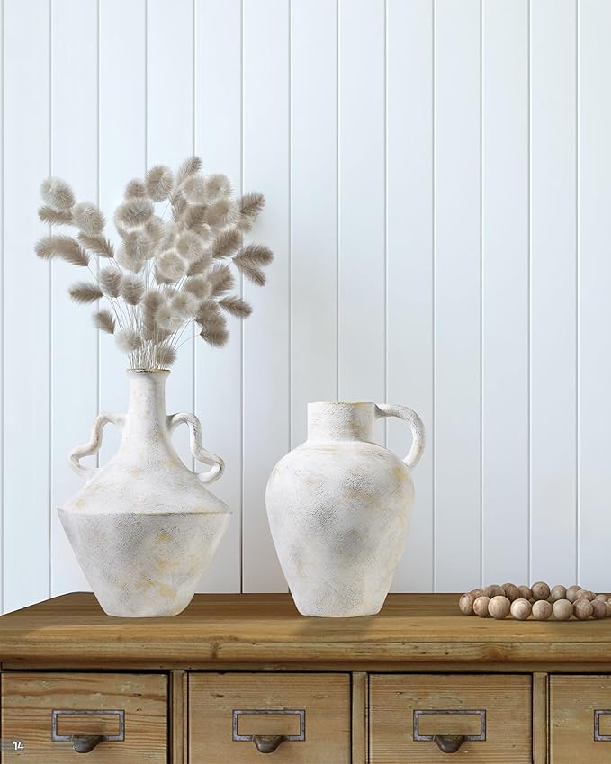UPWOIGH Ceramic Flower Vase, 14 inch Tall Off-White Farmhouse Rustic Vase, Handcrafted Weathered Handles Pottery Vases, Large Flower Terracotta Vases for Home Decor, Living Room, Table, Shelf