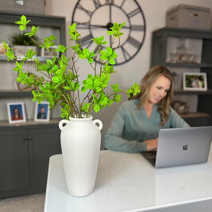 12 Inch Tall White Ceramic Vase, with 5 Branches of 25 Inch Faux Artificial Vibrant Greenery Stems Set, Textured Minimalist Jug, Fake Stem Plants, Decorative Farmhouse, Console Table Centerpiece Decor