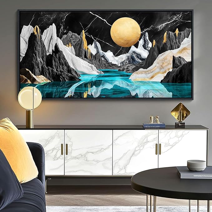JEAWA Framed Canvas Wall Art - Large Abstract Painting Decor, Black White Textured Mountain Moon River Pictures, Modern Art Prints for Bedroom Living Room Bathroom Home Decoration, 29x58 IN