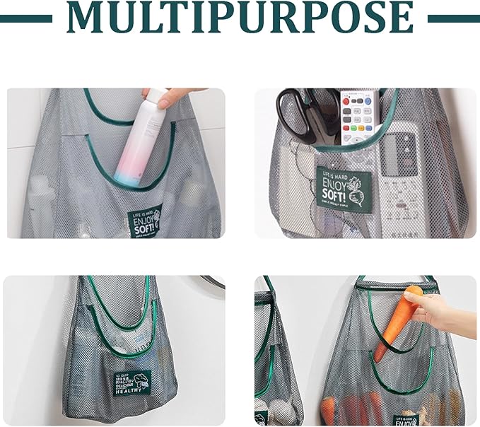 3pcs Hanging Mesh Storage Bags Reusable Produce Bags Dual Pocket Net Bag for Kitchen Fruit Vegetable Garlic Onion Potatoes Tomatoes Storage Bags