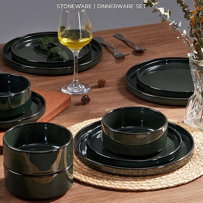 Onader Stoneware Dinnerware Sets for 8, Reactive Glaze Plates and Bowls Sets, Ceramic Dish Dinner Set with Rustic Terracotta Bottom, 24 Piece Elegant Dishware - Emerald Green
