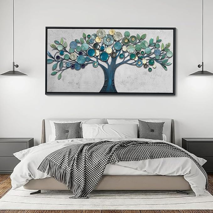 CHATYOUNG Wall Art Living Room - Framed Teal Blue Tree of Life Abstract Landscape Painting Modern Leaf Theme Print Artwork for Dining Room Bedroom Bathroom Office Home Decor 48"x24"