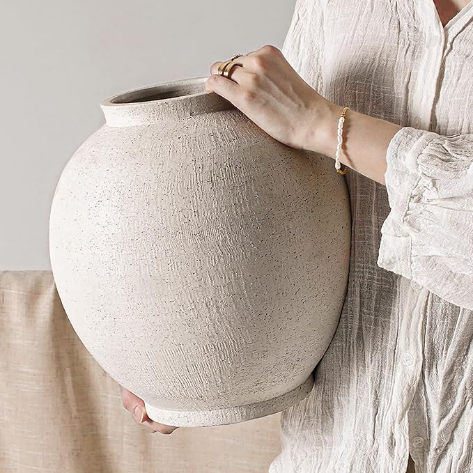 White Ceramic Vase - Large 12.5 Inch Round Floor Vase for Centerpieces, Farmhouse Rustic Minimalist Home Decor (Sandstone White)