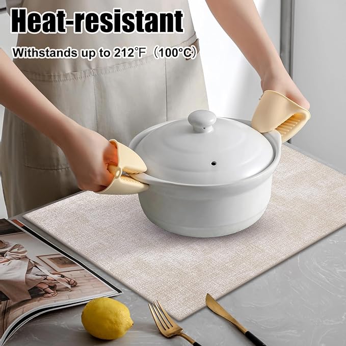 Homaxy Faux Leather Heat Resistant Placemats for Dining Table Set of 6, Waterproof Wipeable Washable PU Table Mats, Easy to Clean Anti-Slip Place Mats, 11.8" x 17", Beige