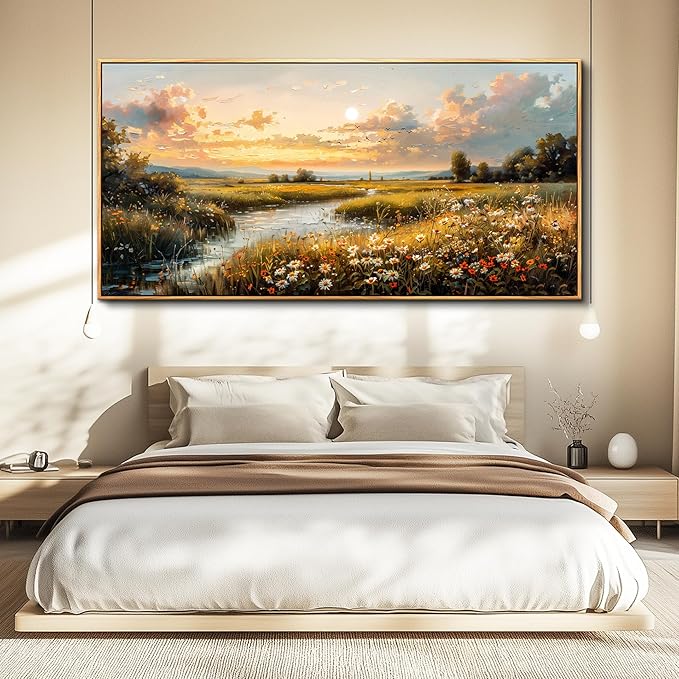 FUHAIHUA Large Wood Framed Wall Decor For Living Room Canvas Wall Art For Office Modern Wall Decorations For Bedroom Sunset Landscape Painting Farmhouse Pictures Artwork Room Home Decor 24x48 In