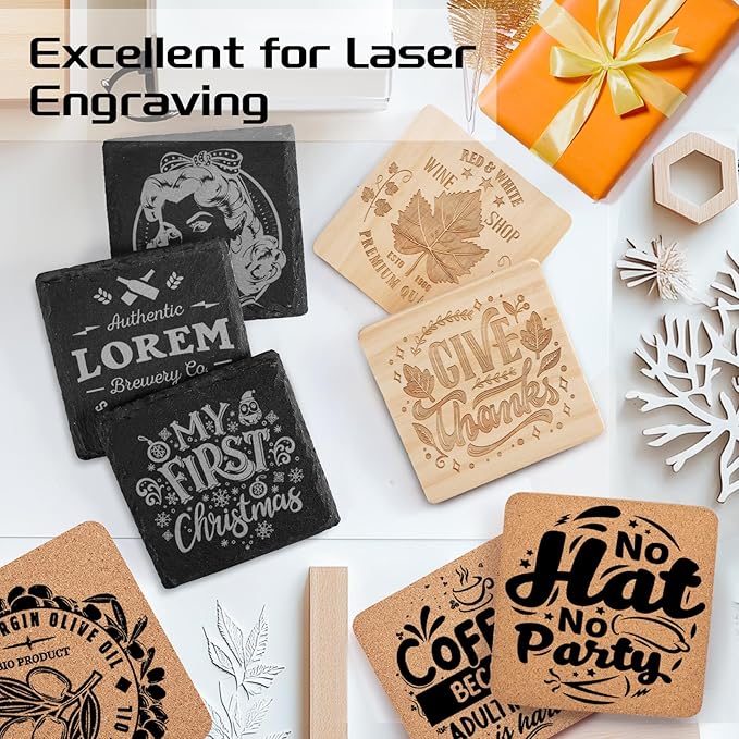 89 PCS Square Blank Coasters Bulk for Laser Engraving, MAPRIAL 4 Inch 100% Natural Black Slate Stone, Wood, Cork, Engravable Materials for Engraver, Gifts, Crafts, Wedding