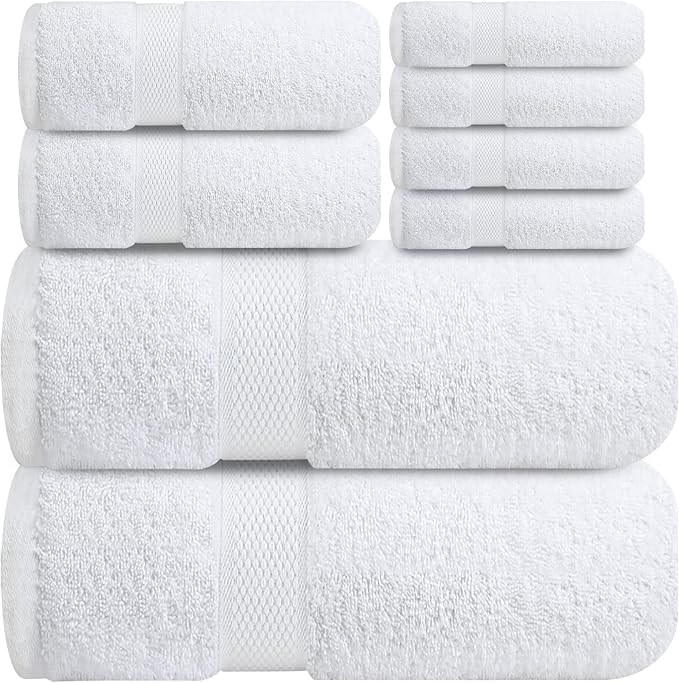 Infinitee Xclusives Luxury 100% Cotton Towel Set – 8 Piece Bathroom Towel Set (2 Bath Towels, 2 Hand Towels, 4 Washcloths) – Soft & Absorbent Towels for Bathroom (Brilliant White)