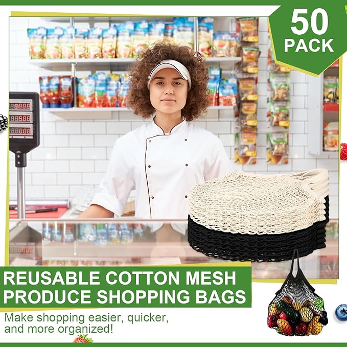 Paterr 50 Pack Cotton Mesh Produce Bags Bulk Reusable Market Bag Washable Net Grocery Purse String Shopping Tote Beach Organizer for Vegetable Fruit Picnic Food Storage (Short Handle,Beige and Black)