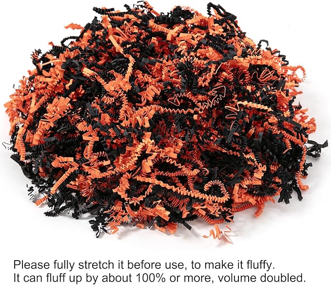 Mefleet 2 LB Halloween Crinkle Cut Paper Shred Filler Black & Orange Crinkle Shredded Paper for Gift Basket - Gift Box Bag Filler - Grass Cushion Stuffing for Halloween Packaging Wrapping